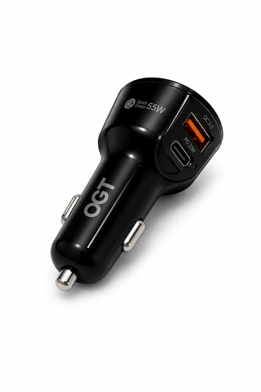 55W Fast Car Charger – Dual USB & Type-C PD Charging